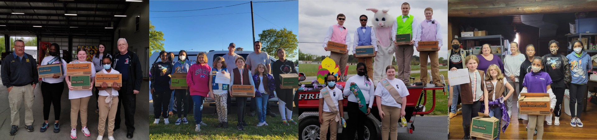  collage of Girl Scouts delivering cookies to a variety of community groups 