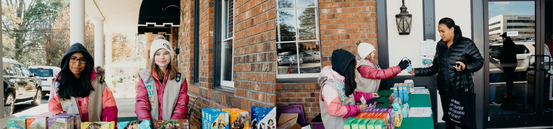  hands of young girl scout holding cookie boxes next to cookie transporter 